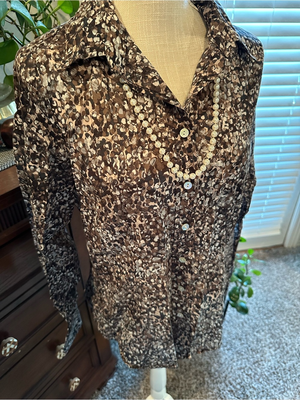 Coldwater Creek Brown & Cream Patterned Women's Button-Down Shirt